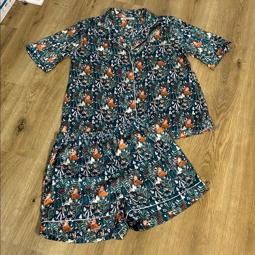 Their Nibs Anthropologie Green Satin Forest Owl Mushroom Pajama Set size large